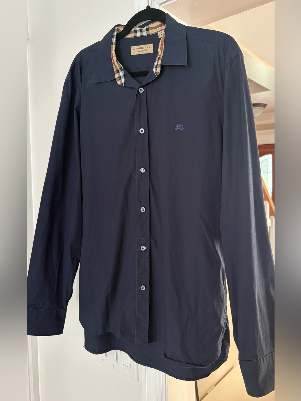 Burberry Navy Button-Up Shirt with Signature Check Collar Trim